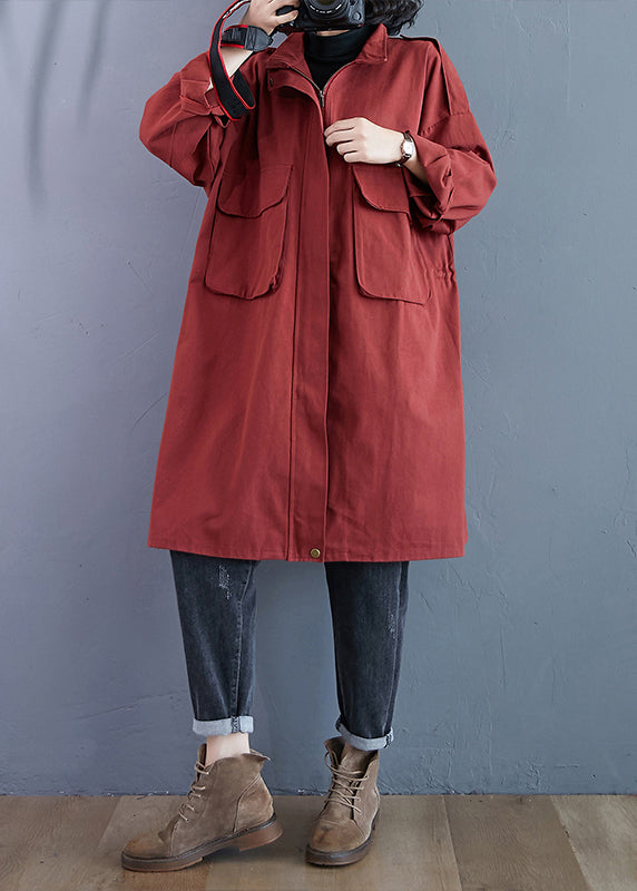 Drune | Größe Ziegelrot Reißverschluss Taschen Patchwork Baumwolle Trenchcoats