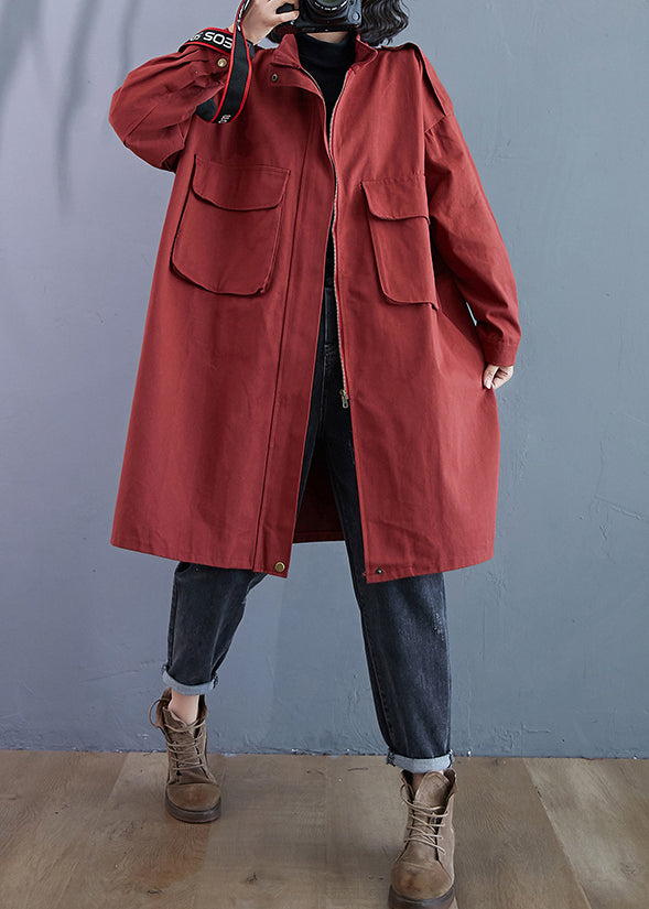 Drune | Größe Ziegelrot Reißverschluss Taschen Patchwork Baumwolle Trenchcoats