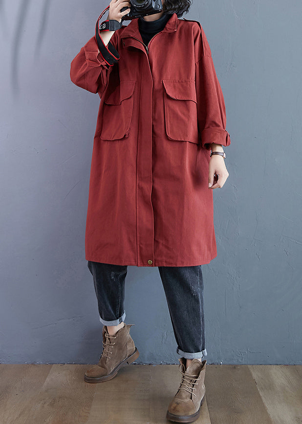 Drune | Größe Ziegelrot Reißverschluss Taschen Patchwork Baumwolle Trenchcoats
