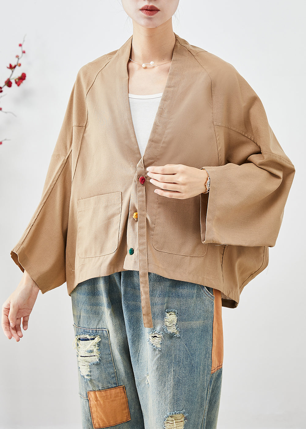 Drune | Größe Khaki Übergroß Tasche Leinen Jacken Batwing Ärmel