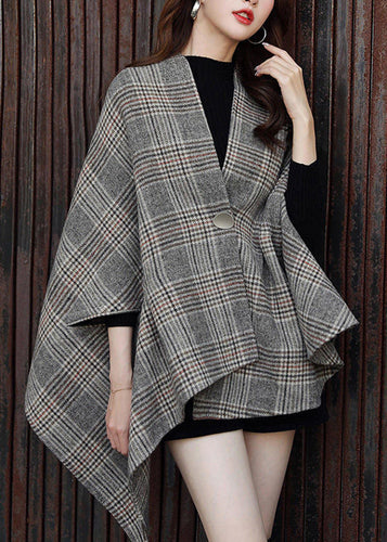 Drune | Größe Plaid Asymmetrische Knopf Patchwork Baumwolle Mäntel