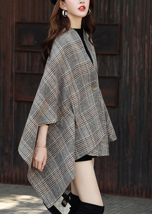 Drune | Größe Plaid Asymmetrische Knopf Patchwork Baumwolle Mäntel