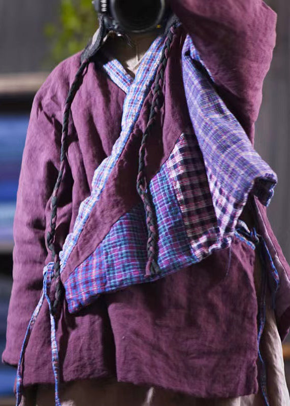 Drune | Größe Lila V Ausschnitt Schnürung Patchwork Feine Baumwollgefüllte Mäntel Winter