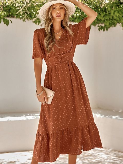 Drune | Elegantes Boho Maxikleid mit Kurzen Ärmeln