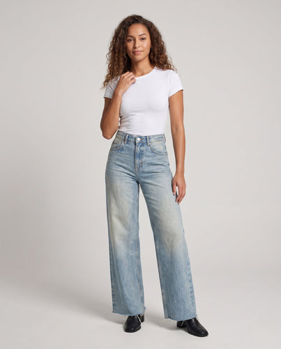 Damen Weite High-Waist Vintage-Jeans mit Fransenbund Drune