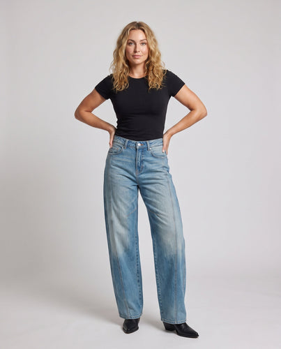 Damen weite hochgeschnittene Jeans mit Klappentaschen Drune