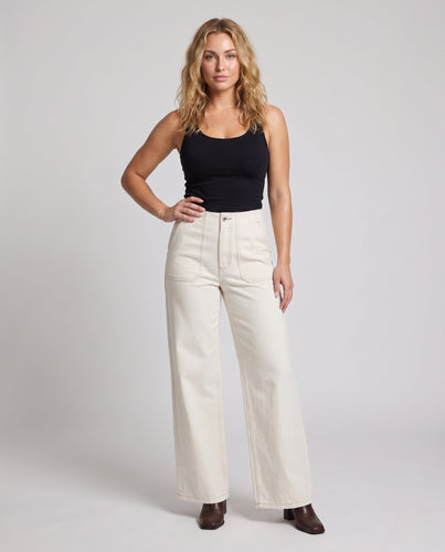 Damen weite hochtaillierte Denim-Hose mit extra weitem Bein und aufgesetzten Taschen Drune