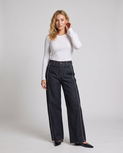 Damen Weitgeschnittene High‑Waist‑Denimhose mit dekorativer Außennaht Drune