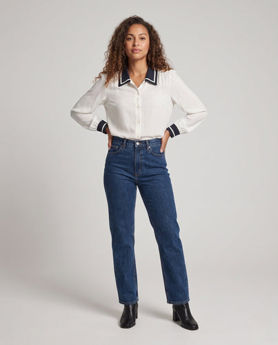 Damen Elegante Viskose‑Bluse mit Kontrastkragen und Ballonärmeln Drune