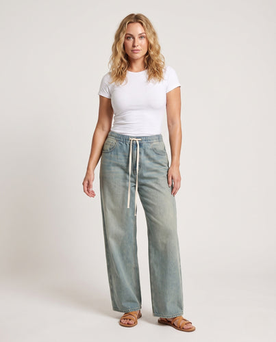 Damen Extraweite Denim-Hose mit lässigem Tunnelzugbund und gerolltem Saum Drune