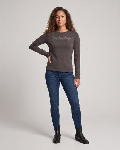 Damen Feines Langarmshirt aus Baumwolljersey mit Strass‑Pferdemotiv und ausgestellten Daumenlochärmeln Drune