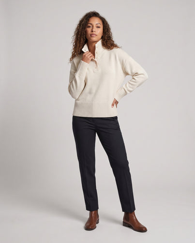 Damen Feinstrick-Polo-Pullover mit Knopfleiste, überschnittener Schulter und breitem Rippbund Drune