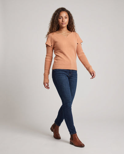 Damen Feinstrickpullover mit V-Ausschnitt, abnehmbaren Rippsärmeln und Schulter-Cutouts Drune