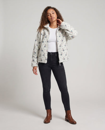 Damen Fleecejacke mit durchgehendem Blumenmuster, Reißverschluss und Stehkragen Drune