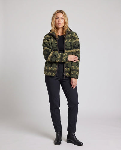 Damen Gemusterte Teddyfleece Jacke mit Kapuze und Reißverschluss Drune
