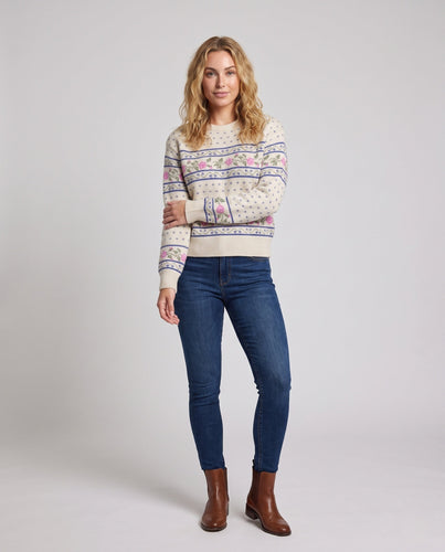 Damen Gemusterter Norwegerstrickpullover mit floraler Intarsie Drune