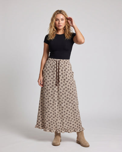 Damen Gemusteter Maxi-Strickrock mit Kordelzug und Rüschensaum Drune