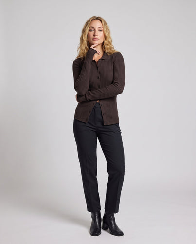 Damen Gerippter Feinstrick-Cardigan mit Hemdkragen und durchgehender Knopfleiste Drune