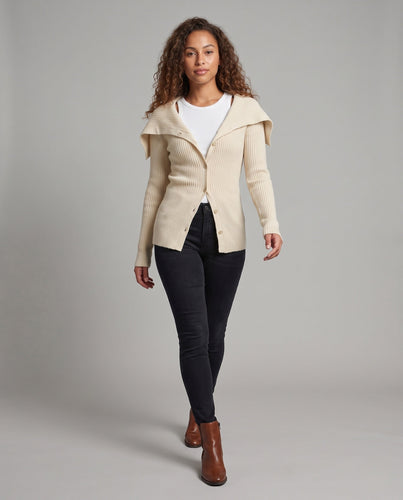 Damen Gerippter Strickcardigan mit umlegbarem Schulterkragen und Knopfleiste Drune
