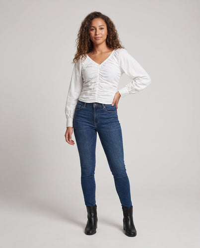Damen Gerüschtes V‑Ausschnitt Puffärmel-Blusenshirt mit taillierter Raffung Drune