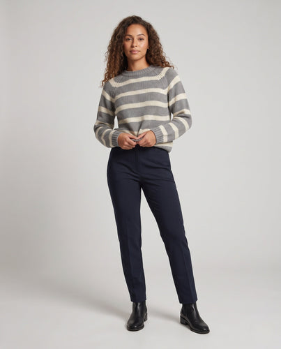 Damen Gestreifter Boxy-Strickpullover mit grober Masche und Rundhalsausschnitt Drune