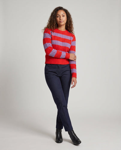 Damen Gestreifter gerippter Cropped-Pullover mit Rundhalsausschnitt Drune