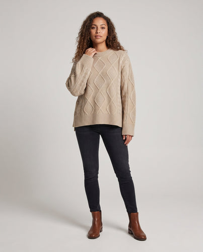 Damen Grobgestrickter Oversize-Pullover mit Rautenzopfstruktur und weitem Manschellenärmel Drune