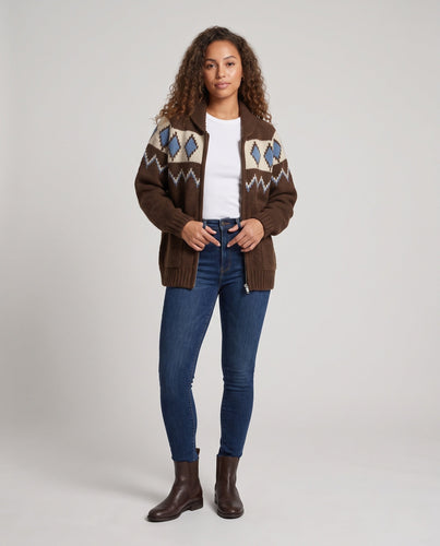 Damen Grobgestrickter Reißverschluss-Cardigan mit Argyle‑Muster, Schalkragen und Oversize‑Passform Drune