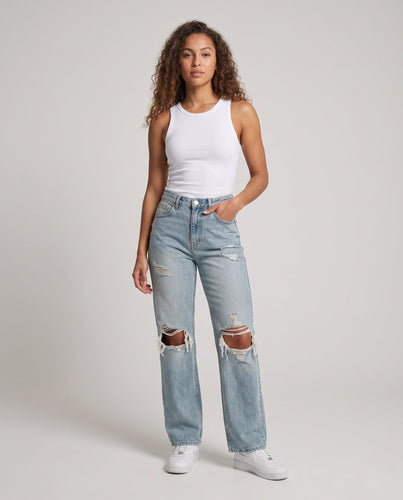 Damen High-Waist Jeans mit weitem Bein und starkem Used-Look Drune