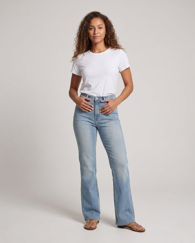 Damen Hochgeschnittene weite Denim-Jeans im Retro-70s Bootcut Drune