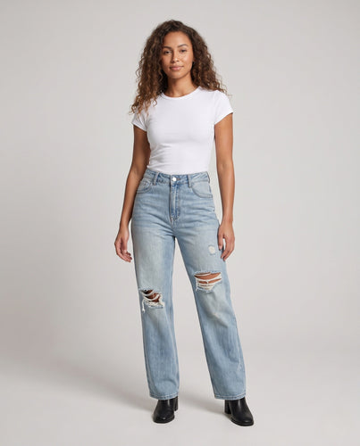 Damen Hochtaillierte weite Jeans mit Distressing und großen Knieausrissen Drune
