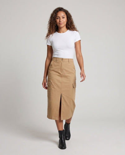 Damen Hochtaillierter Cargo‑Midirock mit Frontschlitz und Aufgesetzten Taschen Drune
