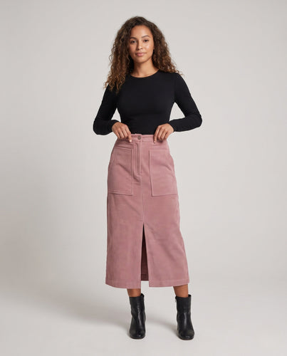 Damen Hochtaillierter Cord‑Midirock mit aufgesetzten Taschen und Frontschlitz Drune