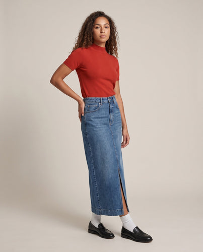 Damen Hochtaillierter Denim-Midirock mit Frontschlitz und geradem Schnitt Drune