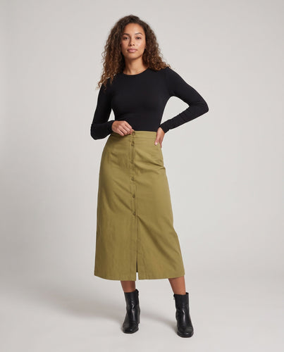 Damen Hochtaillierter gerader Midirock mit durchgehender Knopfleiste und Frontschlitz Drune