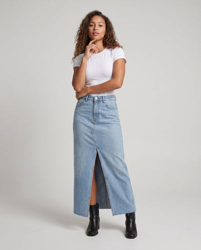 Damen Hochtaillierter Jeans-Maxirock mit vorderem Schlitz und rohem Saum Drune
