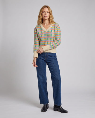 Damen Kariertes V‑Ausschnitt Mohair‑Optik Strickpullover mit Ballonärmeln Drune