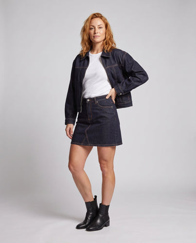 Damen Kurz geschnittenes Denim-Set mit Reißverschluss‑Jacke und hochtailliertem Jeansrock Drune