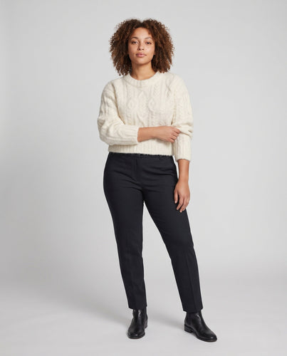 Damen Kurzgeschnittener flauschiger Mohair‑Optik Pullover mit Ballonärmeln und Zopfmuster Drune
