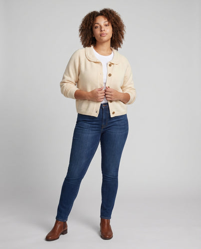 Damen Kurzgeschnittener kastiger Strickcardigan mit Schalkragen und Zierknopfleiste Drune