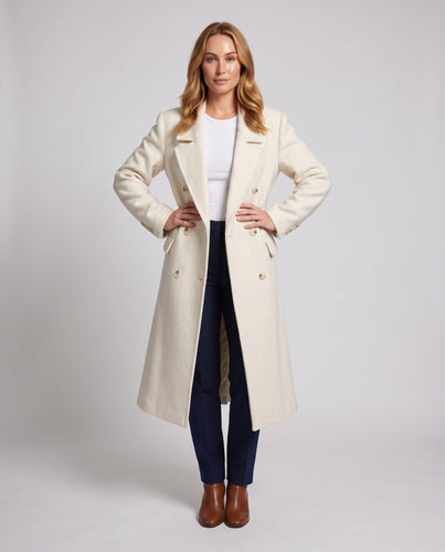 Damen Langer doppelt geknöpfter Wollmantel mit Oversize-Revers und Pattentaschen Drune