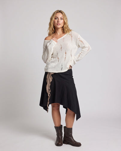 Damen Lässiger Off-Shoulder Feinstrickpullover mit Destroyed‑Optik und weiter Silhouette Drune