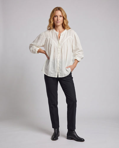 Damen Leichte Oversize‑Leinenbluse mit Knopfleiste und geraffter Vorderpartie Drune