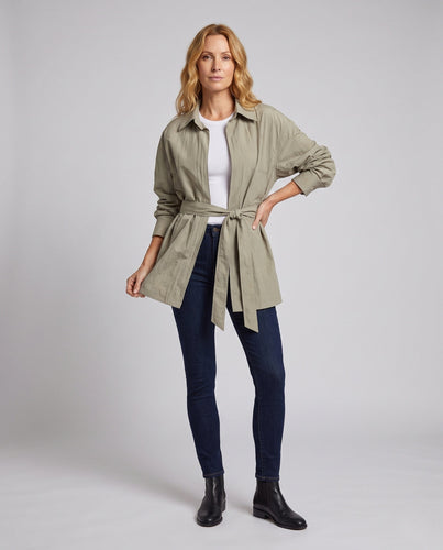 Damen Leichte oversized Taillenbindegürtel-Übergangsjacke mit Hemdkragen Drune