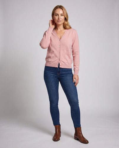 Damen Leichter V-Ausschnitt Feinstrick-Cardigan mit Eingrifftaschen und gerippten Bündchen Drune