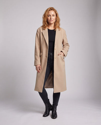 Damen Longline Wollmix‑Mantel oversized mit Reverskragen, verdeckter Knopfleiste und Eingrifftaschen Drune