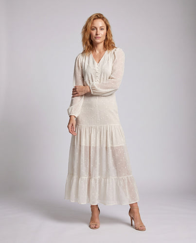 Damen Maxikleid mit transparenter Chiffon‑Qualität, Schweizer‑Punkteffekt, V‑Ausschnitt und Volantstufen Drune