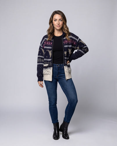 Damen Norwegermuster-Strickjacke mit Reißverschluss, Oversize-Schnitt und Rippenbündchen Drune