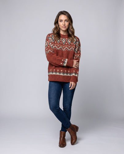 Damen Norwegerstrick‑Pullover oversized mit Rundhals, dicker Wollmischung und dekorativem Jacquardmuster Drune