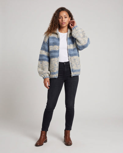 Damen Oversize Grobstrick-Pullover mit Blockstreifen und Stehkragen Drune